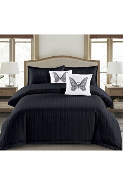 OEM Double Bed Linen Set, Uni, Finet Damask Type, 1 cm Stripe, 6 Pieces, Black