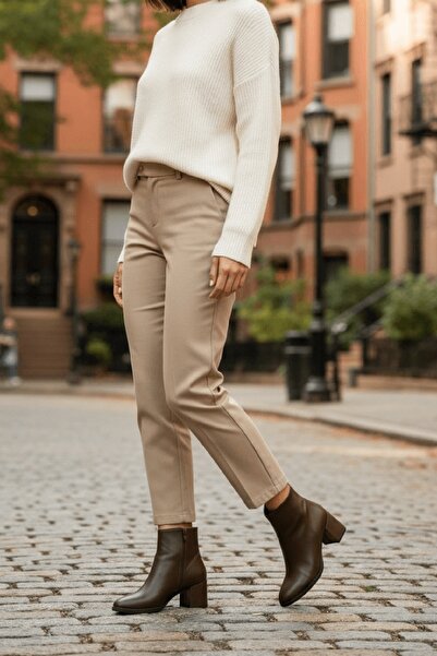 DURUNUN BUTİĞİ Dusper Kahverengi Deri ( 5 cm Topuklu ) Günlük Kullanım Kadın Botu