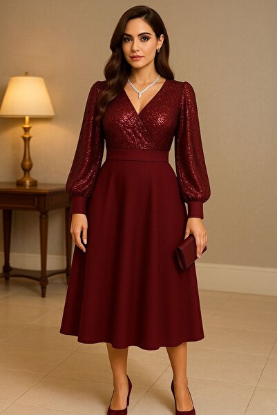 stylingpark Payet Garnili Uzun Kollu Kloş Midi Boy Abiye Elbise