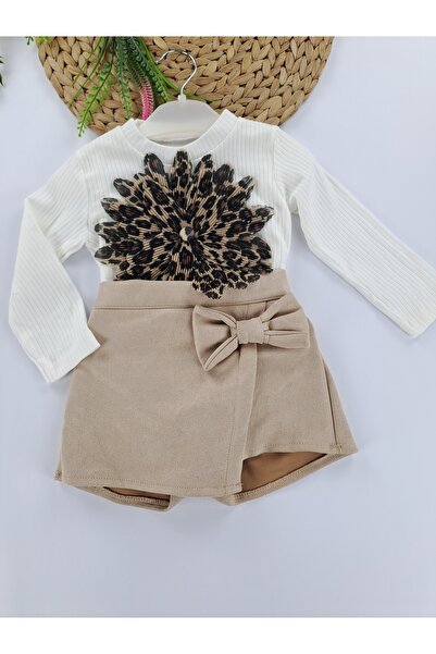 Butik Girl's Bodysuit Shorts Skirt Two-Piece Set Leopard Emblem Detailed Winter Gift Set