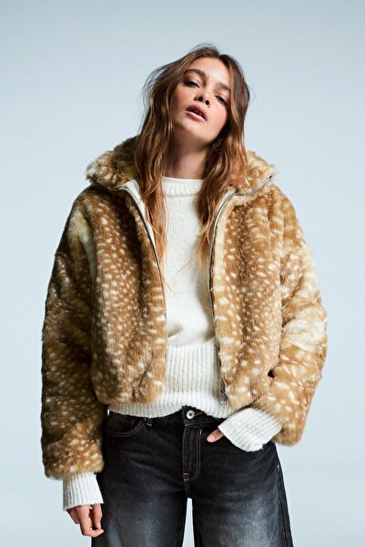 Bershka Desenli Suni Kürk Ceket