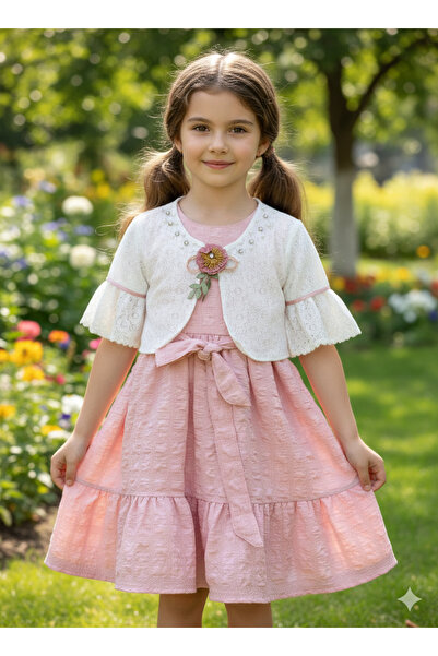 FESSHERA KİDS Kız Çocuk Elbise Dantel Bolerolu ve Fırfırlı Elbise Takımı Bayramlık Özel Gün Düğün Elbisesi