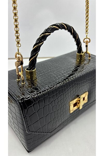 By EDUU Kroko Dikdörtgen Yapılı Rugan Siyah Çanta