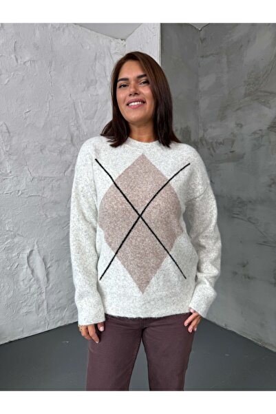 Elif Özbey Butik Mink Large Diamond Pattern Sweater