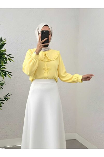 MODA Ruffled Baby Collar Bow Detailed Skirt Top Short Shirt