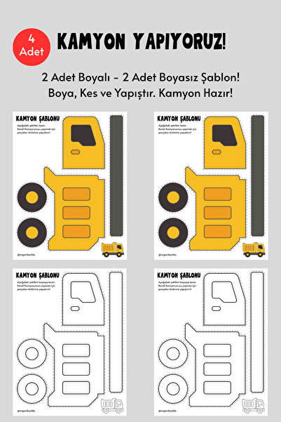 Organik Yolda Kamyon Şablonu, 4 Adet A4 Boyut, Kalın ve Sert Kağıt.