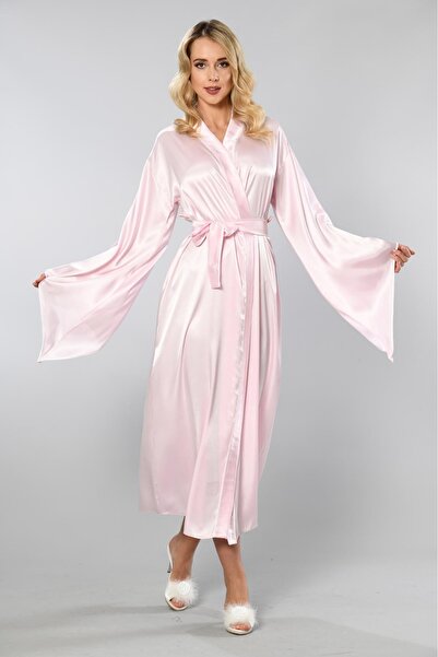 Viselya Λευκό σατέν ροζ μακρύ φόρεμα με ρέλι