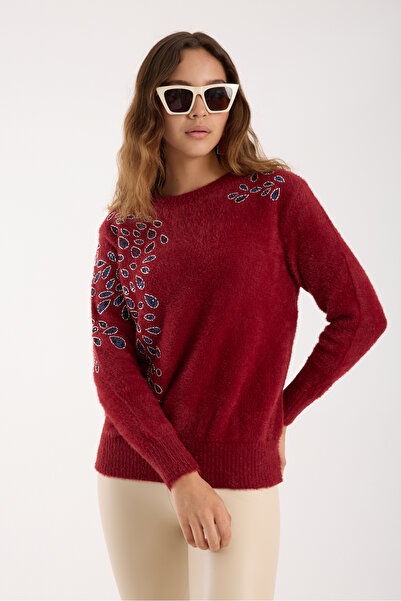 Clothes Fast Women's Burgundy Beard Yarn Beaded Embroidered Crew Neck Knitwear Blouse