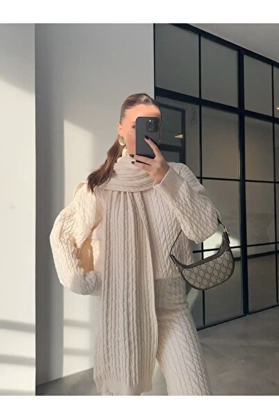 Lovely butik Women's High Waist Wide Leg Knitting Set (Sweater, Pants, Scarf/Shawl)