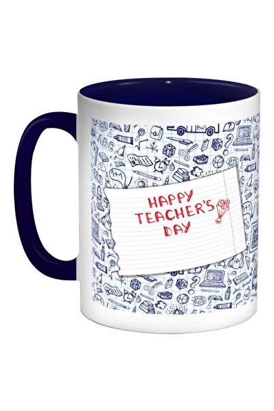 RYN كوب قهوة مطبوع "يوم المعلم السعيد" باللون الأزرق الداكن/الأحمر/الأبيض، سع...