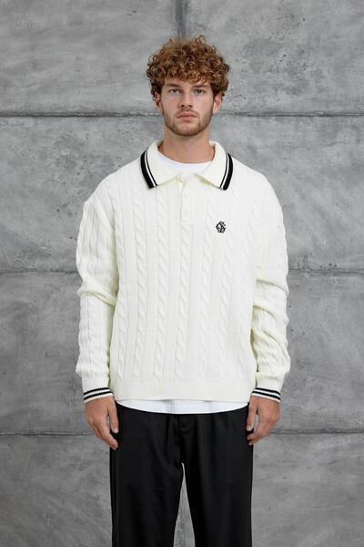 NOMARC Екру бял Gst поло с висока яка, плетен пуловер с голям размер