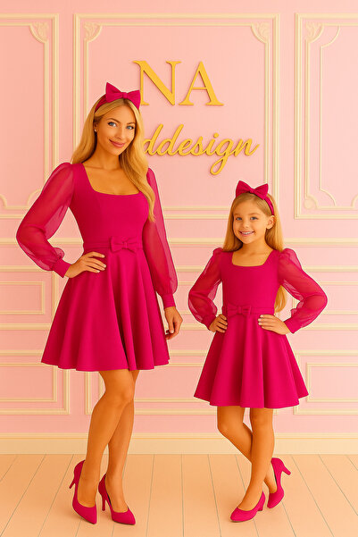 NA ADDESIGN فستان الأم والابنة من قماش الكريب المزدوج مع تفاصيل الأكمام من ال...