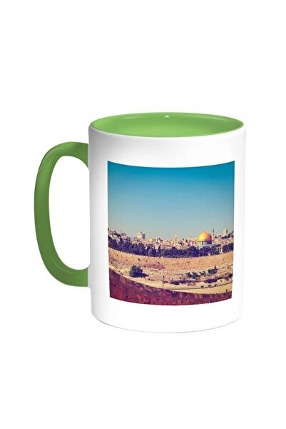 RYN دولة فلسطين - كوب قهوة مطبوع "القدس" أخضر/أبيض ١١ أونصة