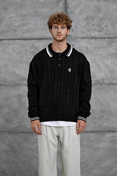 NOMARC Μαύρο πλεκτό πλεκτό υπερμεγέθη πλεκτό πουλόβερ με λαιμόκοψη Gst