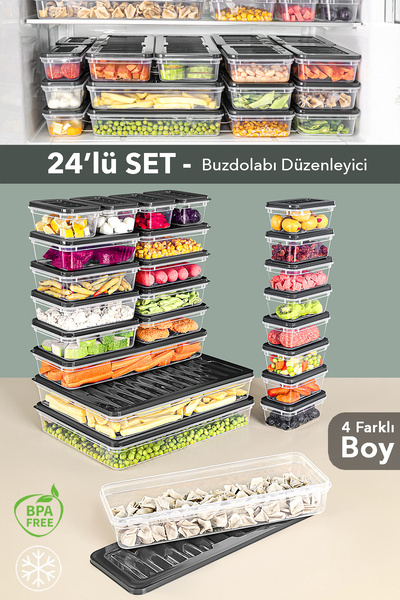 Meleni Home Set de 24 organizatoare pentru frigider - Organizator potrivit pentru cuptorul cu microunde Recipient de depozitare Difriz Antracit