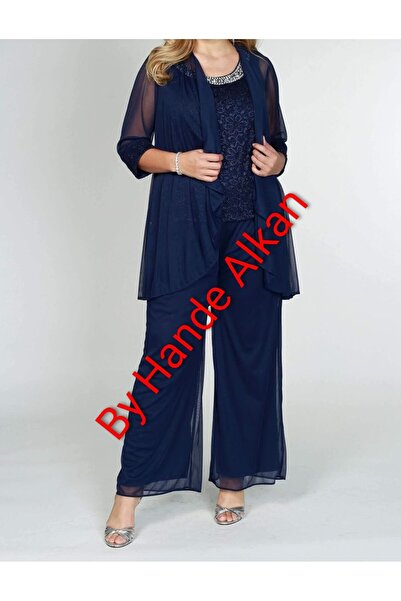 By Hande Alkan Women's Plus Size Navy Blue Chiffon Jacket Pants Blouse Set