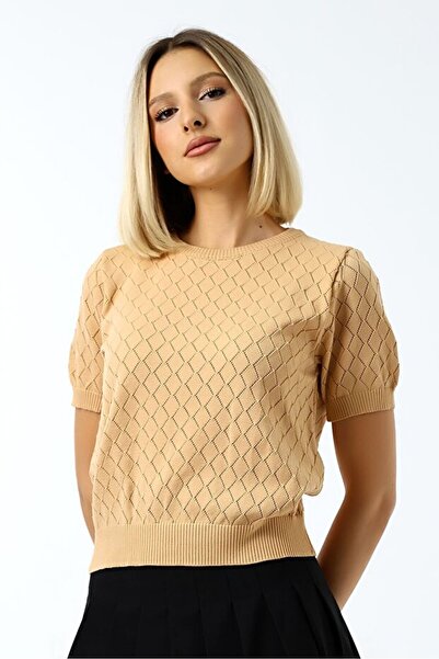 TİSTA Жіноча блузка з коротким рукавом, ажурна, з візерунком «баклава»