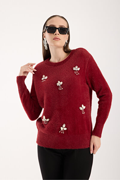 Moda Days سترة تريكو نسائية ذات ياقة دائرية من خيوط اللون العنابي مع إكسسوارا...