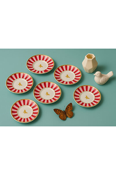 porselenden BOMONTY PINK 6 KİŞİLİK 13 CM ÇAY TABAĞI EL DEKORU PREMIUM PORSELEN