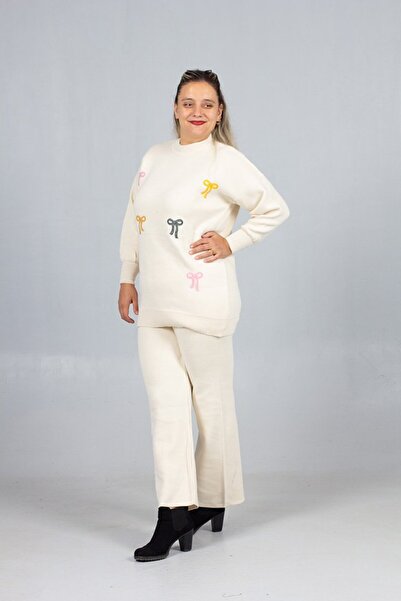 Truva XXL Ready to Wear, Chic Cream Knitwear Sweater Set with Pants