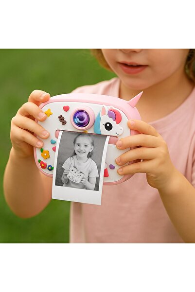AteşTech Unicorn Temalı Anında Baskılı Çocuk Kamerası Print Kamera | Çift Kamera, 2,0″ Ekran, Silikon Kılıf