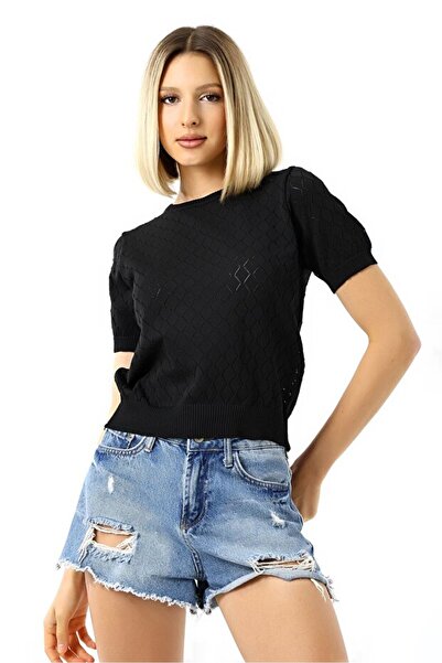 TİSTA Women's Black Diamond Patterned Short Sleeve Openwork Knitwear Blouse