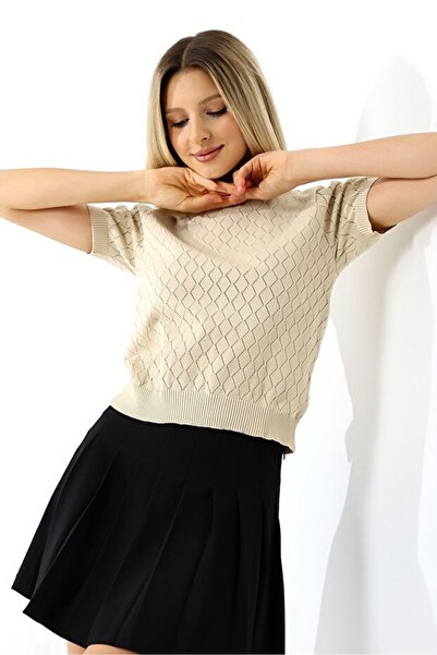 TİSTA Жіноча коротка блузка з ажурним трикотажем і візерунком «каменна баклава»