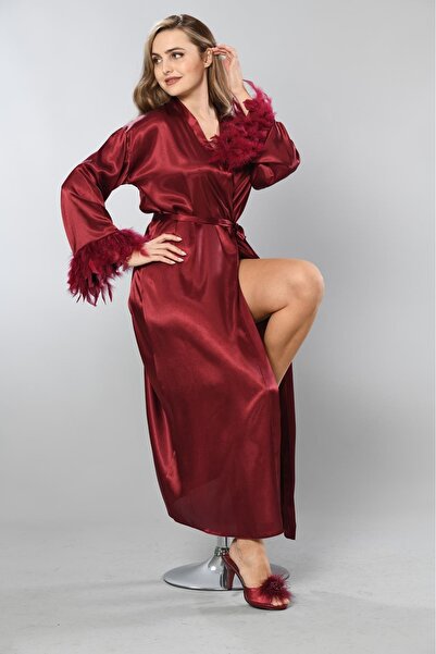 Viselya Kol Uçları Tüylü Saten Bordo Uzun Sabahlık