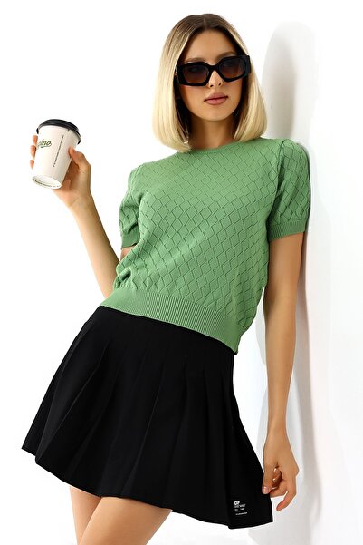 TİSTA Women's Çağla Baklava Patterned Short Sleeve Openwork Knitwear Blouse