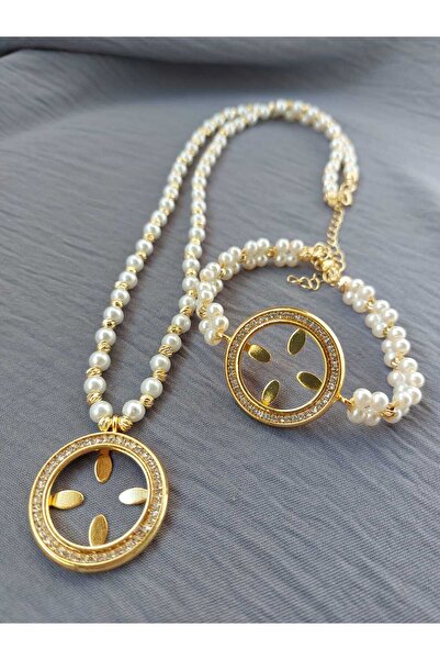 GEZERGOLD TAKI yarım kolye yarımbileklik çelik incili dorikalı 24ayar altın kaplama