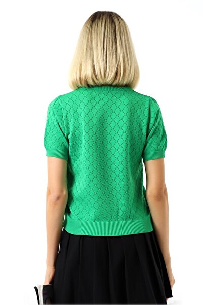 TİSTA Women's Green Diamond Pattern Short Sleeve Openwork Knit Blouse