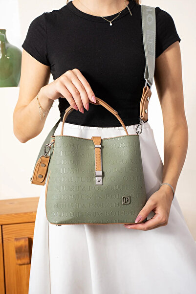 JP POLO Geantă de umăr și crossbody impermeabilă pentru femei, originală Just Polo, verde, maro, cu 3 compartimente, 22 X 20 CM