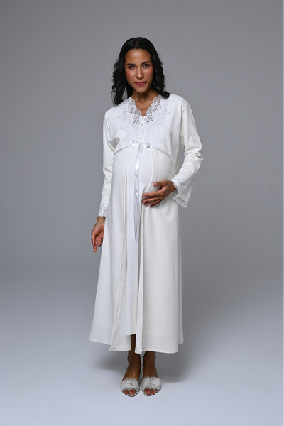 Lohussa Γυναικείο Σετ Νυχτικό Εκρού Ζακάρ Δαντέλα Ολόσωμο Χειμερινό Μακρυμάνικο Ειδικού Σχεδιασμού Νυχτικό Εγκυμοσύνης