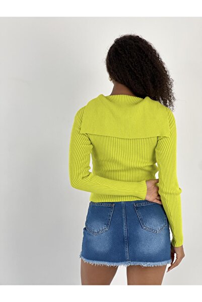 Miss Poem Women's Long Sleeve Zippered Green Polo Neck Cardigan