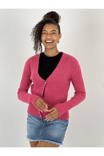 Miss Poem Women's Fuchsia V-Neck Buttoned Fuchsia Ribbed Knit Cardigan