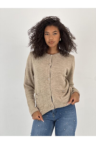 Miss Poem Women's Buttoned Two-Pocket Stone Knit Cardigan