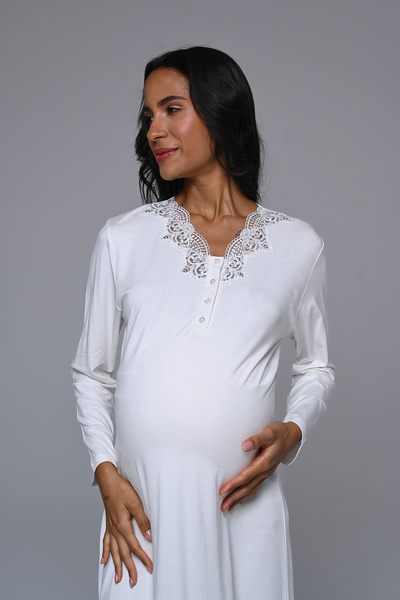 Lohussa Γυναικείο Σετ Νυχτικό Εκρού Ζακάρ Δαντέλα Ολόσωμο Χειμερινό Μακρυμάνικο Ειδικού Σχεδιασμού Νυχτικό Εγκυμοσύνης