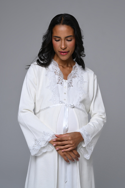 Lohussa Γυναικείο Σετ Νυχτικό Εκρού Ζακάρ Δαντέλα Ολόσωμο Χειμερινό Μακρυμάνικο Ειδικού Σχεδιασμού Νυχτικό Εγκυμοσύνης