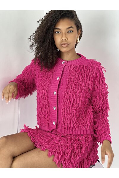 Miss Poem Women's Shiny Stone Buttoned Tasseled Fuchsia Cardigan