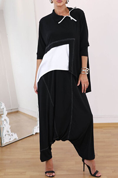 AYASOFYA OTANTIK Women's Black and White Zipper Detailed Oversize Loose Blouse and Elastic Waist Baggy Trousers Set