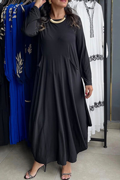 AYASOFYA OTANTIK Жіноча чорна сукня з круглим коміром, прямим кроєм, кишенями, довгими рукавами та довгим низом.