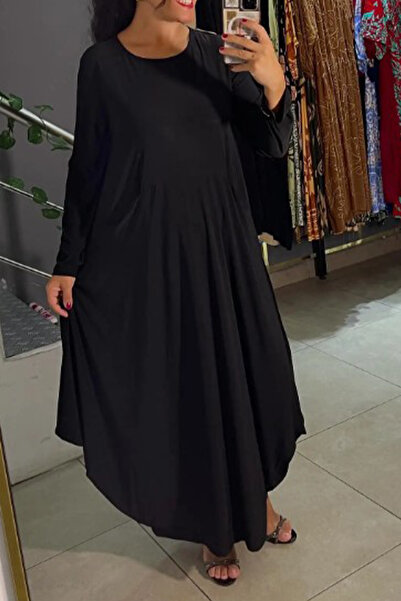 AYASOFYA OTANTIK Жіноча чорна сукня з круглим коміром, прямим кроєм, кишенями, довгими рукавами та довгим низом.