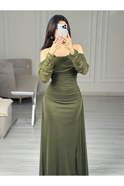 Nice Model Olive Green Off-Shoulder Ruched Evening Gown Long Sleeve Stretch Tulle Maxi Dress