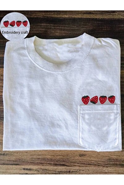 PALPİTO Women's White Strawberry Pocket Printed Oversize T-Shirt