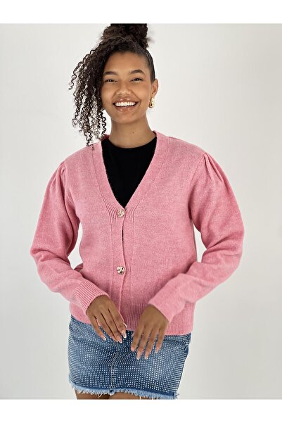 Miss Poem Women's Buttoned Short Cut Pink Cardigan