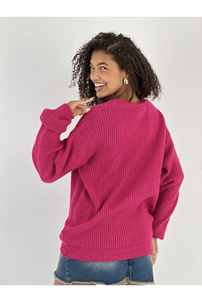 Miss Poem Women's Balloon Sleeve Buttoned Fuchsia Knitwear Cardigan