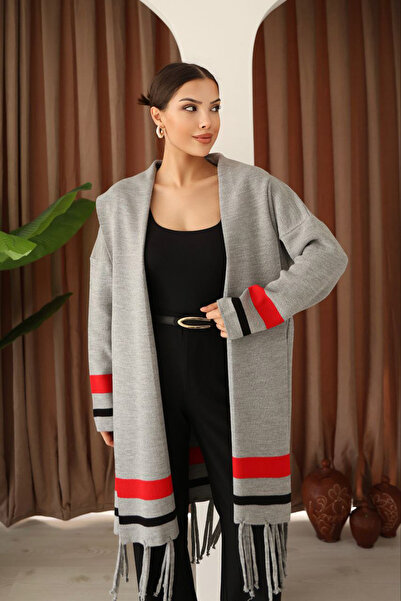 bacc Women's grey tasseled color block long knit cardigan bces-253002