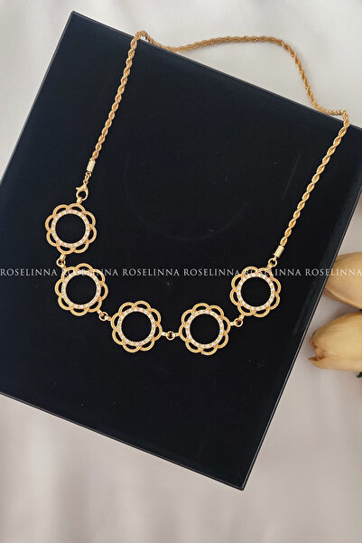 ROSELİNNA 5 Çeyrekli Zincirli Oval Kolye, Çeyrek Altınlı Beşibirlik Kolye, Beşi biyerde Kolye | Çiçek Model