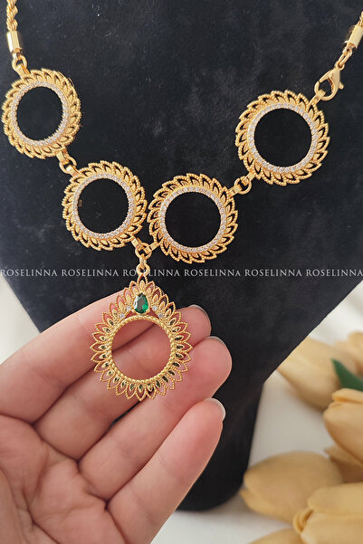 ROSELİNNA 5 Çeyrekli Yeşil Taşlı Kolye, Çeyrek Altınlı Beşibirlik Kolye, Beşi biryerde Kolye | Güneş Model