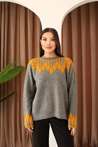 bacc Women's grey bicycle collar patterned knit sweater bces-253003